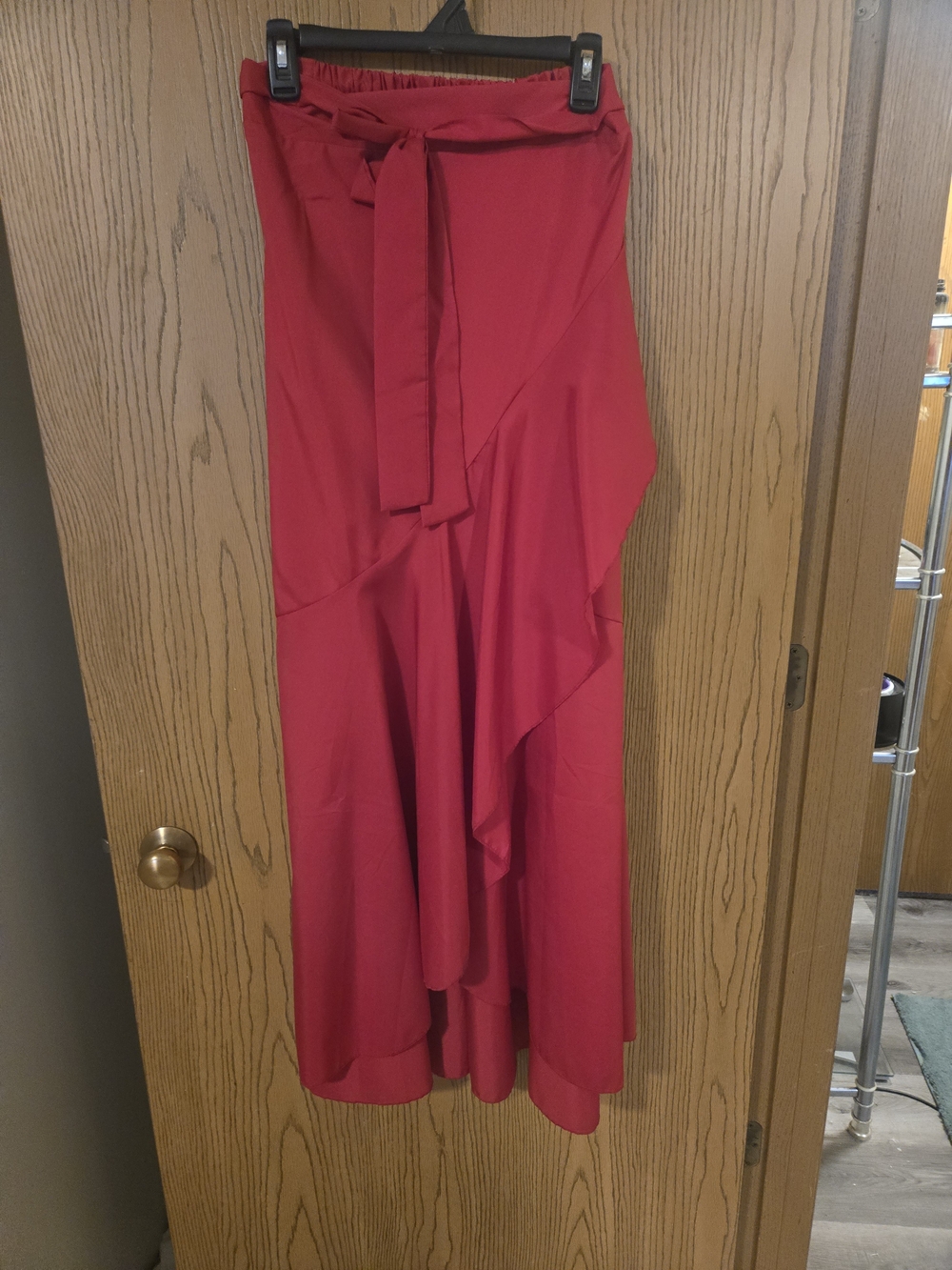 Women’s Red Ruffle Maxi Skirt with Waist Tie